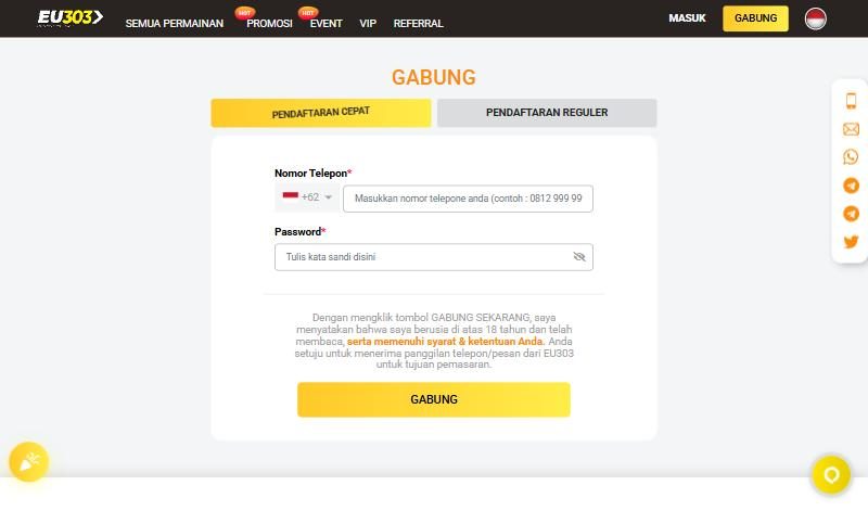 Tangkapan layar formulir daftar EU303