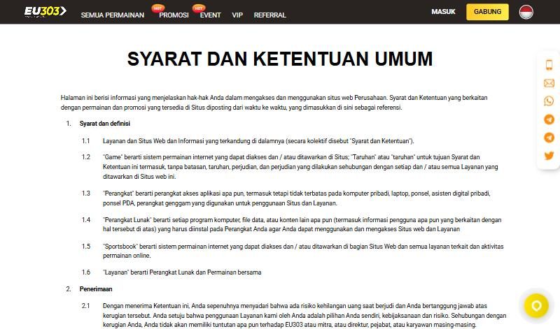 Tangkapan layar halaman Syarat dan Ketentuan EU303